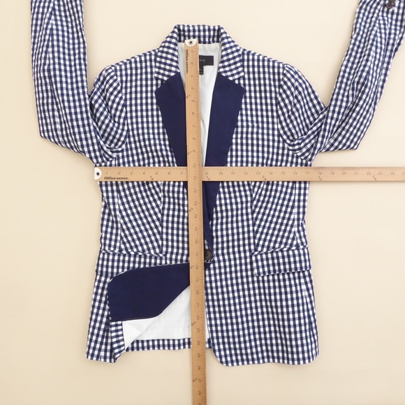 J Crew Puckered Gingham Blazer Jacket Navy Blue Lapel White Cotton Womens Size 4 - Picture 8 of 11